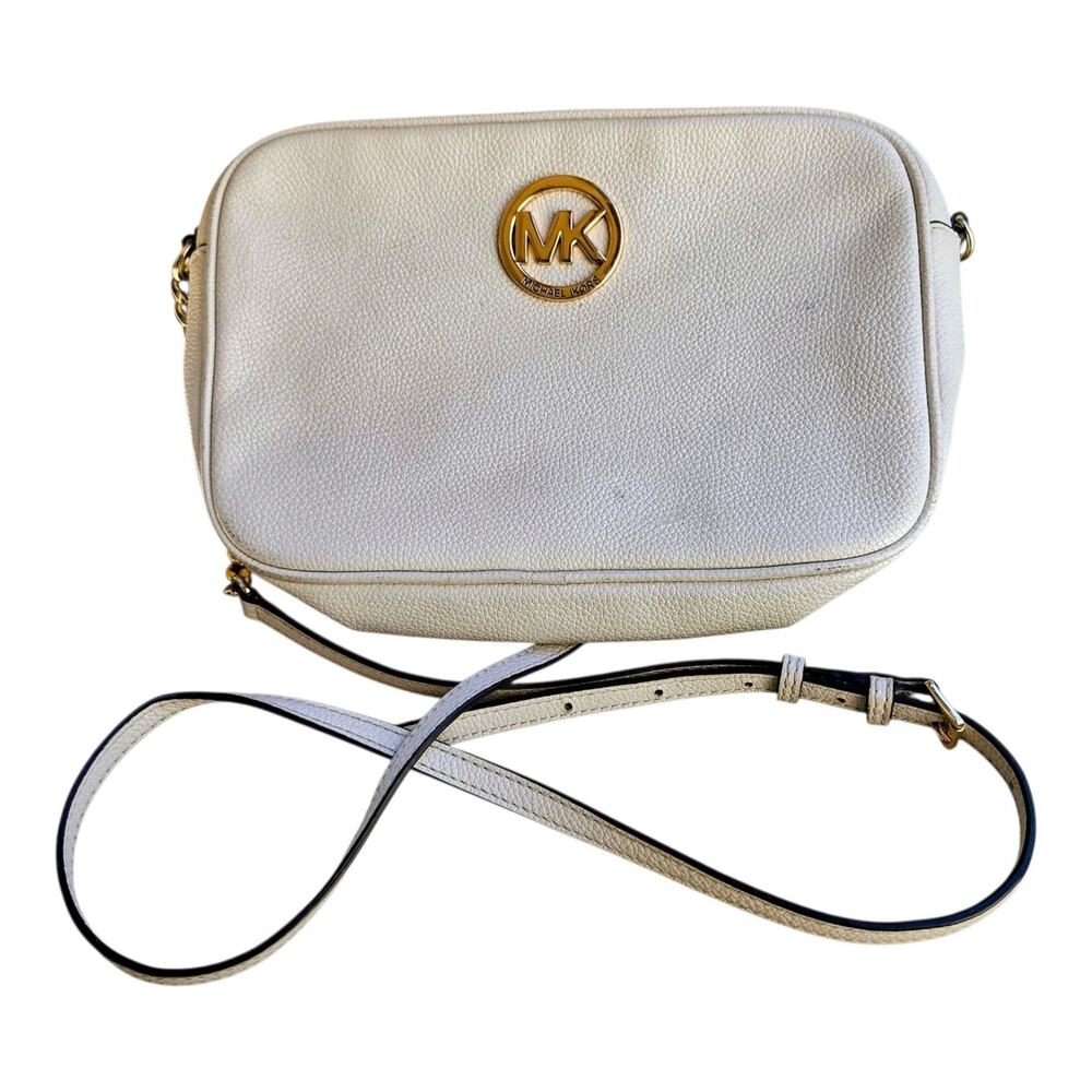 Michael Kors Fulton Leather Crossbody Camera Bag Cream White Gold Medallion MK